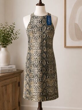 NWT Blu Spero Women's Snake Print Sleeveless Shift Dress Beige Black Size M
